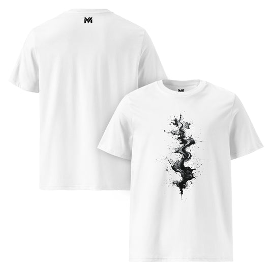 T-shirt bio unisexe Mindset Ambition “Sumi Flow” blanc – design artistique inspiré de l’encre japonaise sumi-e, peinture noire fluide évoquant le mouvement intérieur, coton biologique premium, logo discret au dos.