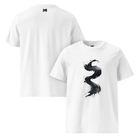 T-shirt bio Silent Rise blanc Mindset Ambition, motif artistique peinture noire en forme de vague montante sur le torse, logo MA minimaliste noir au dos sous la nuque