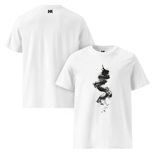 T-shirt bio unisexe Mindset Ambition “Black Whisper” blanc – design artistique en peinture noire fluide, impression centrale inspirée de la fumée, coton biologique premium, logo discret au dos.