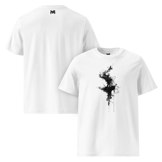 T-shirt bio unisexe Mindset Ambition “Inner Flow” blanc – design artistique en peinture noire fluide, effet d’encre en mouvement symbolisant l’énergie intérieure, coton biologique premium, logo discret au dos.