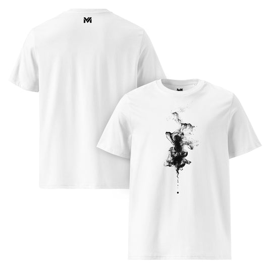 T-shirt bio unisexe Mindset Ambition “Shadow Mist” blanc – motif artistique en peinture noire fluide, effet de brume abstraite et minimaliste, coton biologique premium, logo discret au dos.
