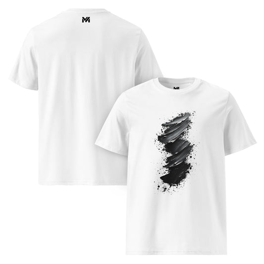 T-shirt bio unisexe Mindset Ambition “Black Drift” blanc – design artistique en peinture noire fluide, effet de dérive abstraite évoquant le mouvement et la liberté, coton biologique premium, logo discret au dos.