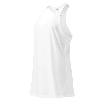Débardeur femme Grace Mindset Ambition, blanc, vue avant trois-quarts, coupe fluide et dos nageur, style épuré et léger pour l’entraînement ou la vie quotidienne – Mindset Ambition